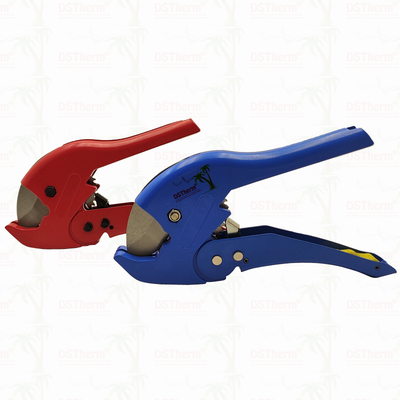 Se trata de un dispositivo de corte de tuberías de plástico azul, con un corte PPR ISO9001 DIN8077/8078 20-40MM