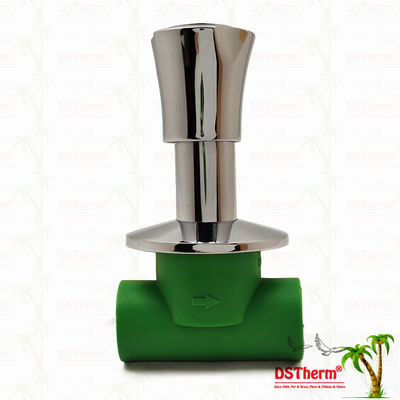 Válvula de parada PPR PN25 20-40 mm cromada con mango antideslizante