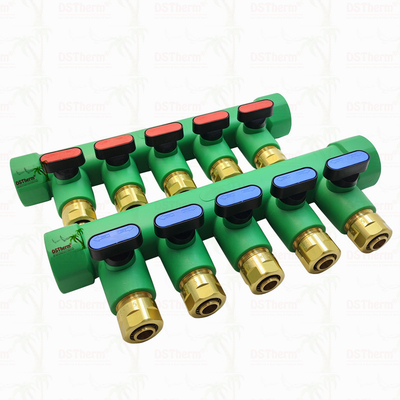 Colectores PPR con válvula de bola para agua caliente, rojos, de 5 vías, con logotipo y color personalizados, 25 mm