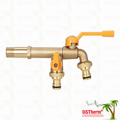 Grifo de latón de alta resistencia con doble salida y boquilla larga, grifo de extensión de latón, grifo de jardín de latón 1/2"*3/4"*3/4"