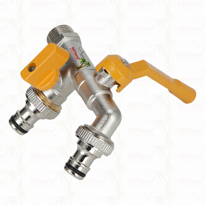 Grifos de latón económicos de doble salida, grifo de latón niquelado, grifo de latón 1/2"*3/4"*3/4"